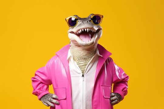 A sartorial alligator character sports a flamboyant pink jacket and stylish glasses, striking a pose that melds wildlife with urban chic, set against a zesty orange backdrop 