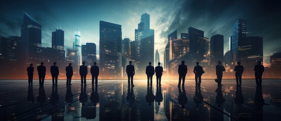 ai, network, technology, artificial intelligence, energy, innovation, future, digital, link, tech. silhouette image of the group businessman stand in front cityscape with frog and neon light. - obrazy, fototapety, plakaty