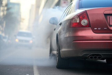 Rear view of a car emitting exhaust fumes, highlighting environmental issues related to urban pollution and transportation
