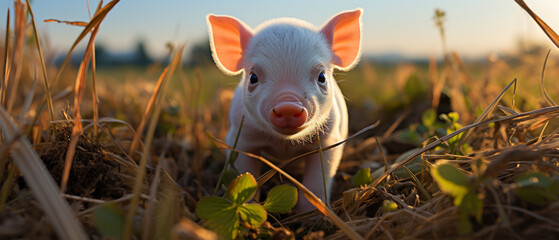 Innocent piglet exploring the countryside.