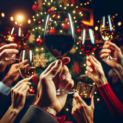 hands with wine, christmas party