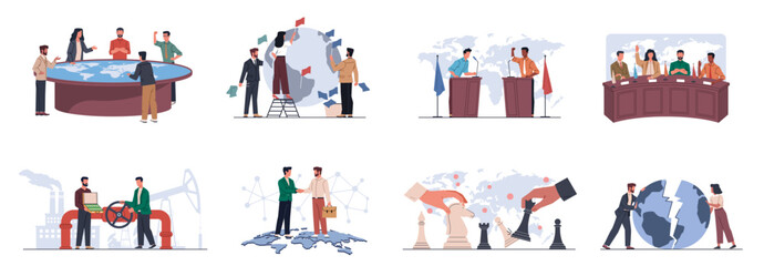 Geopolitics people. Global politics, negotiations, meetings, presidential candidates debates, election and governance, male and female politics, cartoon flat illustration. Nowaday vector set