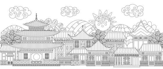 coloring book page for adults and children. sunny Chinese town w - obrazy, fototapety, plakaty