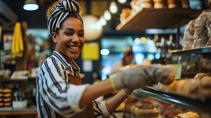 Smiling Female Baker Serving Customer in Retail Shop - obrazy, fototapety, plakaty