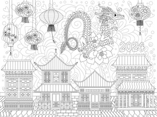 coloring book page for adults and children. Chinese town with dr - 697727454