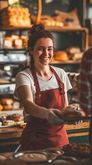 Smiling Female Baker Serving Customer in Retail Shop