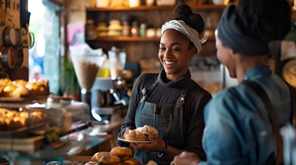 Papier Peint photo Lavable Boulangerie Smiling Female Baker Serving Customer in Bakery Shop