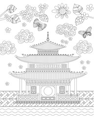 coloring book page for adults and children. spring landscape wit - 697727493
