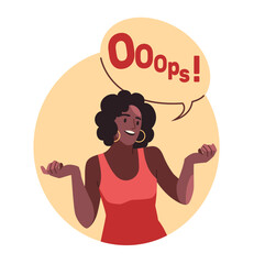 Girl demonstrates bewilderment with caption Oops. Beautiful woman and speech bubble with text. Expression speech. Confusion pretty character. Cartoon flat style isolated vector concept