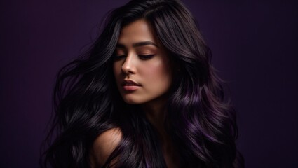 Fototapeta na wymiar Ethereal Beauty Profile with Radiant Flowing Dark Hair in purple background