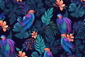 beautiful rainbow parrots and flowers on a black background. Neural network AI generated art - obrazy, fototapety, plakaty