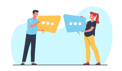 Man and woman engage in dialog, exchanging information. Speech bubble in hands. Message symbol or comment in social media. Chatting people. Cartoon flat style isolated vector concept