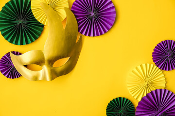 Mardi Gras.Colorful group of Mardi Gras or venetian mask on yellow,Mardi gras carnival decoration...