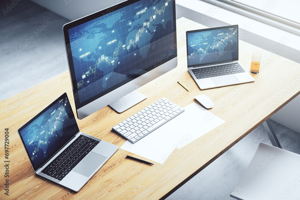 Poster abstract creative financial graph with world map on modern laptop monitor, forex and investment conc