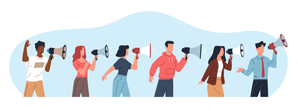 People communicate important and valuable information to each other. Men and women hold loudspeaker. Character shout in megaphone. Promotion symbol. Cartoon flat isolated vector concept
