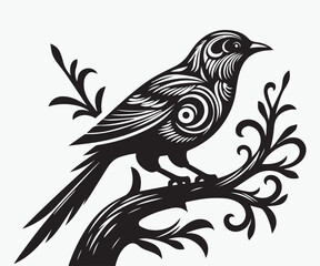Maori Bird on a branch of a tree silhouette vector illustration