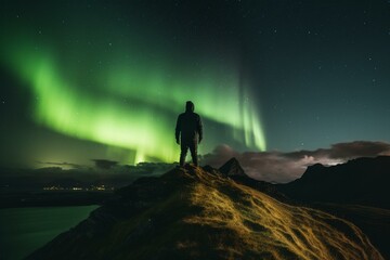 A person admiring aurora borealis with green and purple sky, stars and clouds above. Generative AI