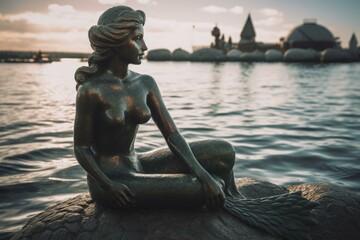 The Little Mermaid is a world-famous bronze sculpture in Copenhagen Harbor, Denmark,Europe. Generative AI - obrazy, fototapety, plakaty