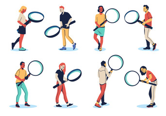 Set of people with magnifying glasses. Man and women hold optical tool. Search, research and analysis symbol. Zoom sign. Detective person. Finding information. Vector cartoon flat illustration