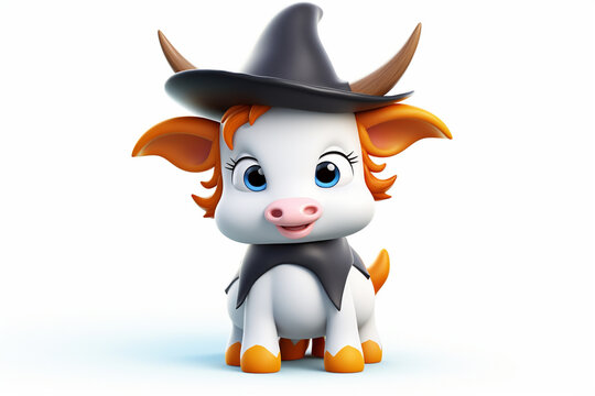 3D cartoon of a cute cow wearing a witch hat