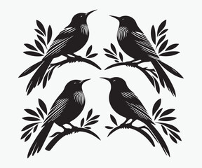Maori Birds on branches of a tree silhouette vector illustration - obrazy, fototapety, plakaty