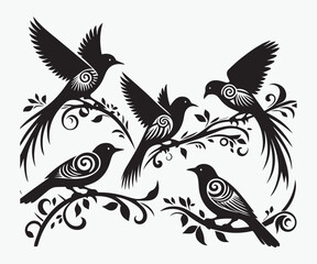  Maori Birds on branches of a tree silhouette vector illustration