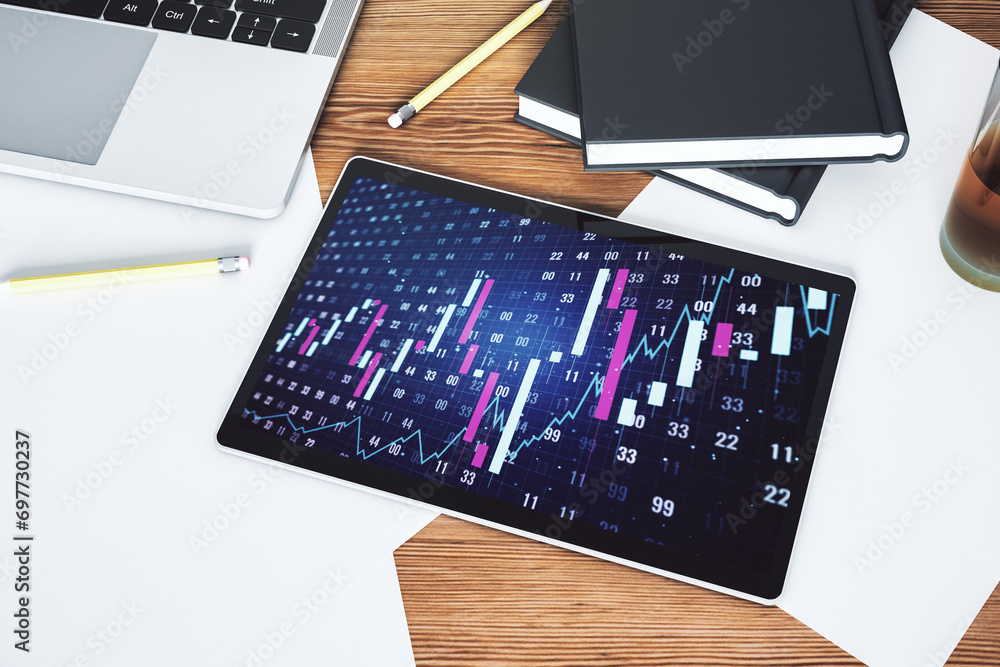 Poster modern digital tablet display with abstract financial graph, financial and trading concept. top view
