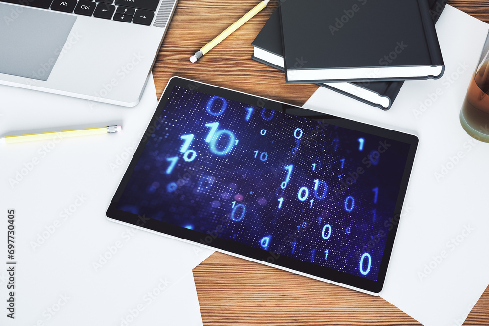 Aufkleber Top view of modern digital tablet monitor with creative abstract binary code hologram. Database and programming concept. 3D Rendering