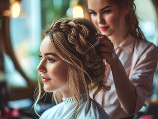 A professional hairdresser makes a wedding hairstyle for a woman in a beauty salon
