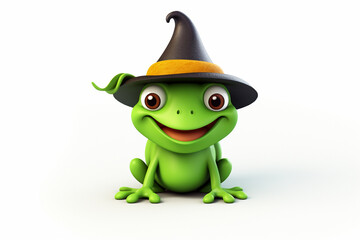 3D cartoon of a cute frog wearing a wizard hat