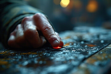 close-up scene where a robotic thumb is delicately pressing on a button that symbolizes control over the world