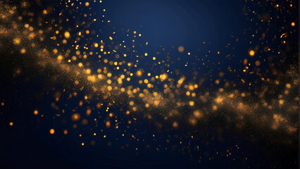 Golden shiny particles on a dark blue background for the design of New Year and Christmas greetings