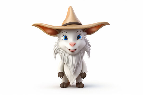 3D cartoon of a cute goat wearing a wizard hat