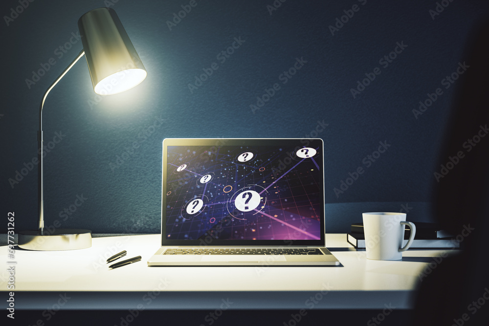 Aufkleber creative abstract question mark hologram on modern computer monitor, future technology concept. 3d r