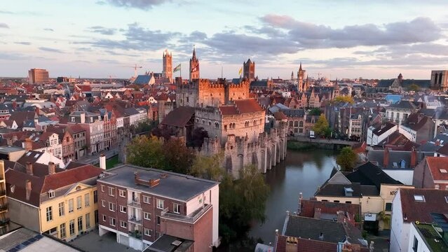 medieval city on a sunset. Ghent, Belgium