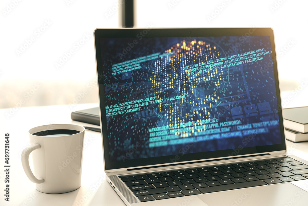 Aufkleber creative code skull sketch on modern laptop monitor, theft of personal data and malware concept. 3d 