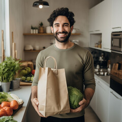 Man with paper supermarket bags in the kitchen at home. - obrazy, fototapety, plakaty