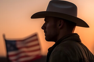 American patriot soldier concept over american flag background. Neural network AI generated art