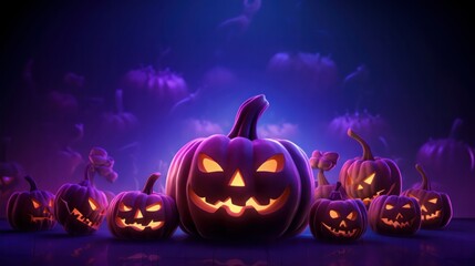 Happy Halloween.Group of illustration glowing pump in purple background and candle light .Generater by AI . High quality image