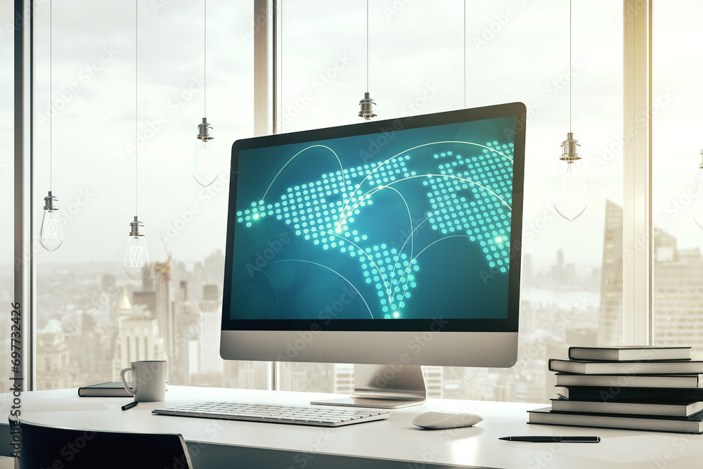 Poster abstract creative world map with connections on modern laptop screen, international trading concept.