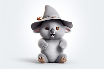 3D cartoon of a cute koala wearing a wizard hat
