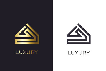 Modern Luxury Real Estate Logo - A Sleek, Geometric House Outline in Gold and Monochrome Variants, Conveying Elegance and Exclusivity - obrazy, fototapety, plakaty
