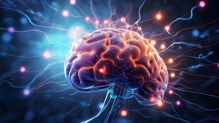 Human brain with glowing neurons and nervous system