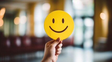 Smiling face on yellow sticker in female hand, social media concept