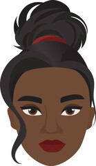 African woman head with stylish bun. Female face with glamorous hairstyle cartoon vector illustration
