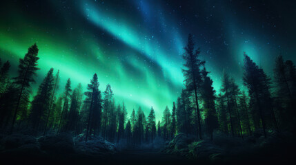 A stunning forest landscape with the Northern Lights overhead - obrazy, fototapety, plakaty