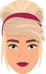 Woman head with blonde stylish bun. Female face with glamorous hairstyle cartoon vector illustration