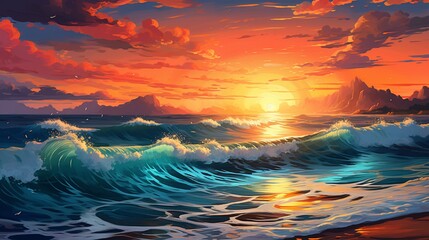 An expansive ocean reflecting a vibrant sunset, the atmosphere suffused with hues of red, orange, and gold.