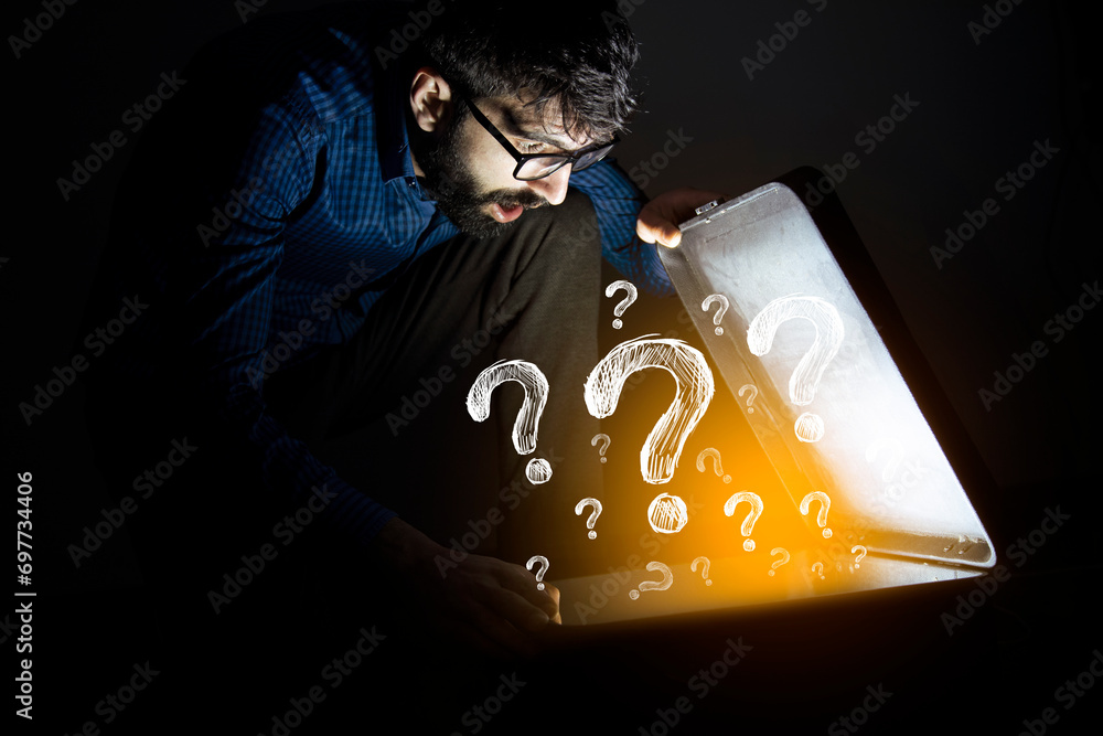Aufkleber man opens a box with a question mark