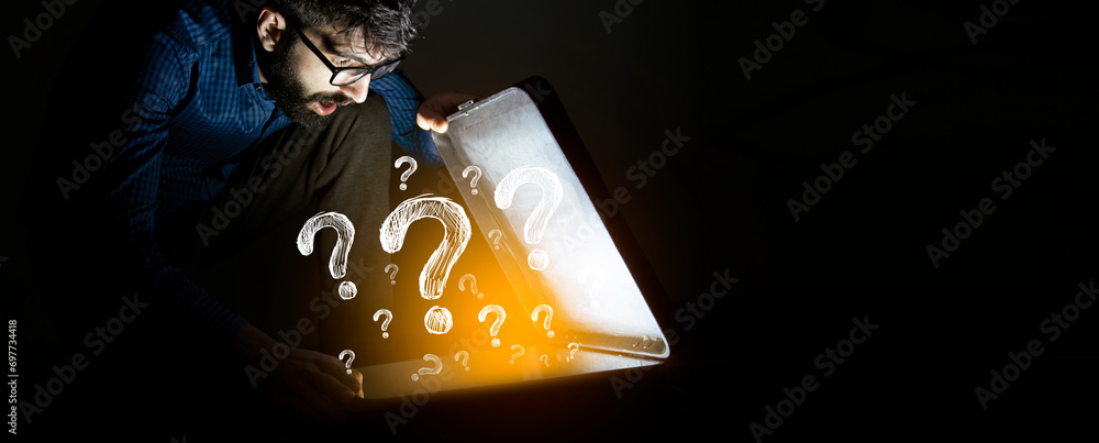Poster man opens a box with a question mark